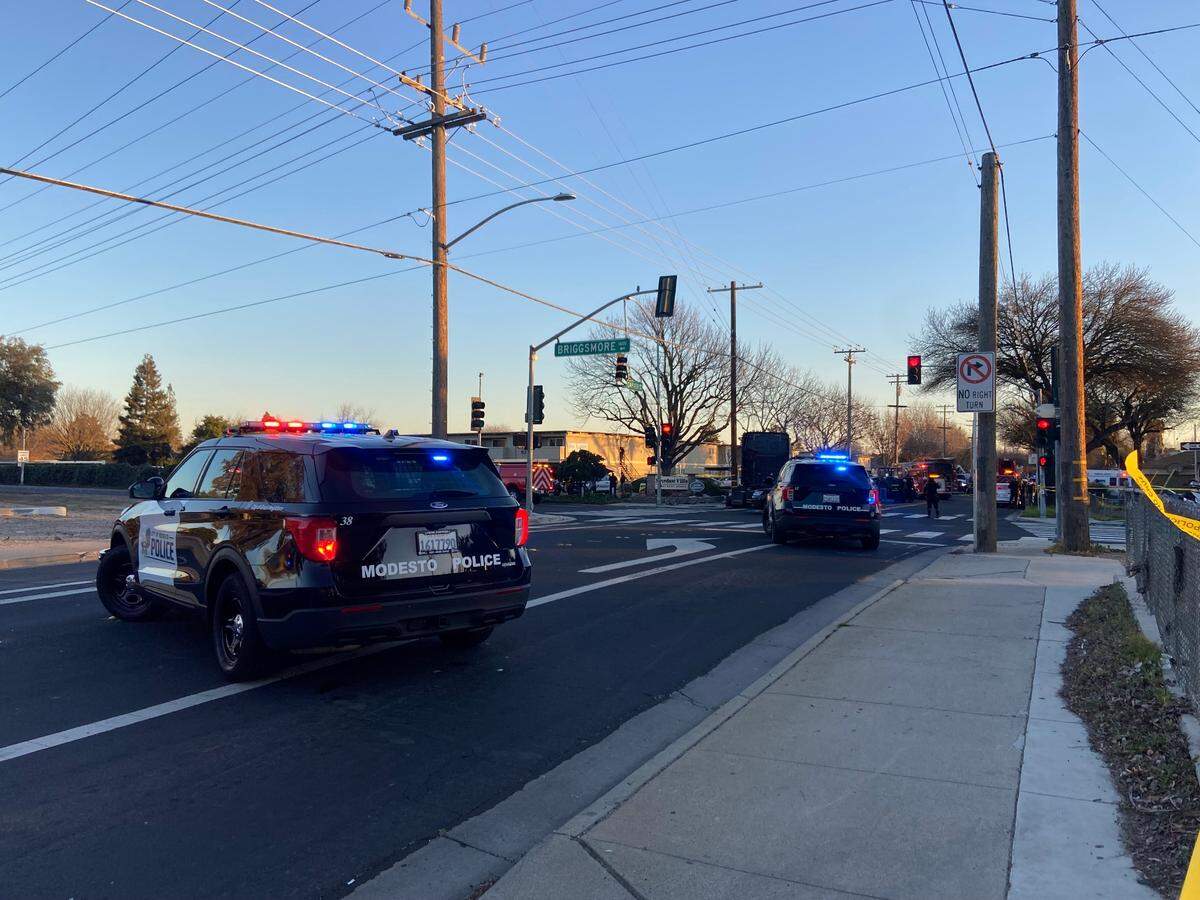 One person was killed and others were hurt in a crash Tuesday afternoon, Feb. 1, 2022, at Briggsmore and Carver in Modesto.