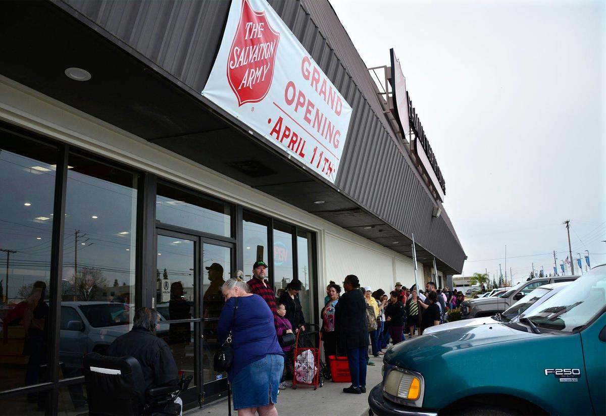 The line waiting for the grand opening of the Salvation Army Family Thrift Store on north McHenry Avenue in Modesto, Calif. is pictured April 11, 2019.