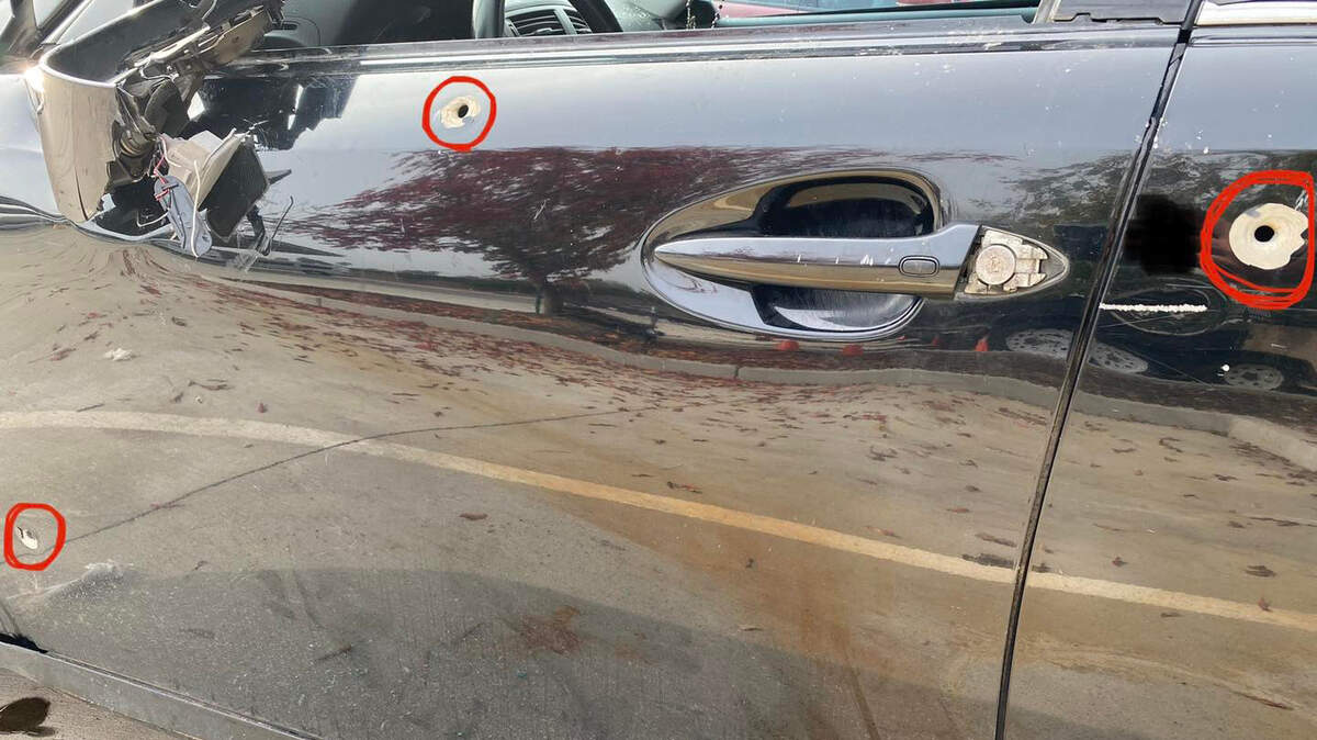 Bullet holes shown on the victim’s vehicle after a freeway shooting along Highway 99.