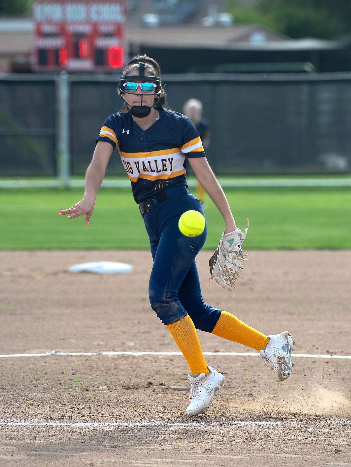 Big Valley Christian’s Ava Hernandez delivers a pitch during the non-league game Ripon in Ripon, Calif., Friday, March 17, 2023.