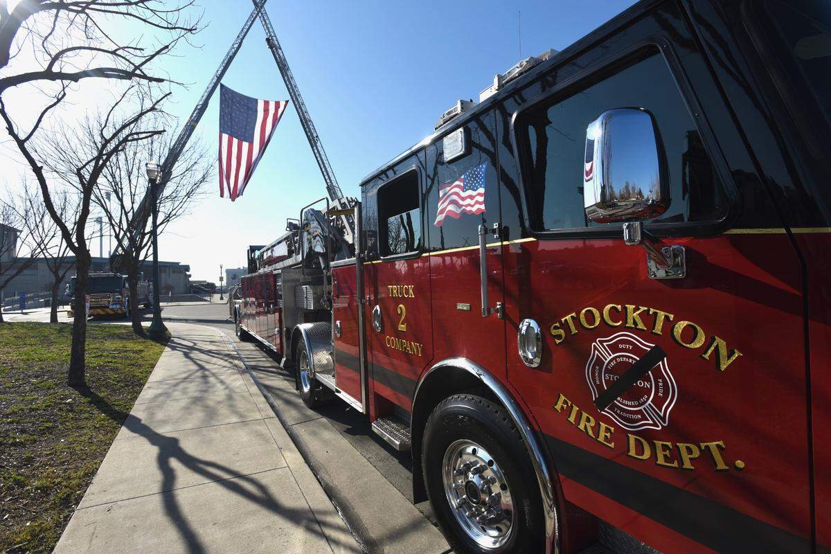 A Stockton firetruck sits at a service for Fire Capt. Max Fortuna on Tuesday, Feb. 8, 2022.