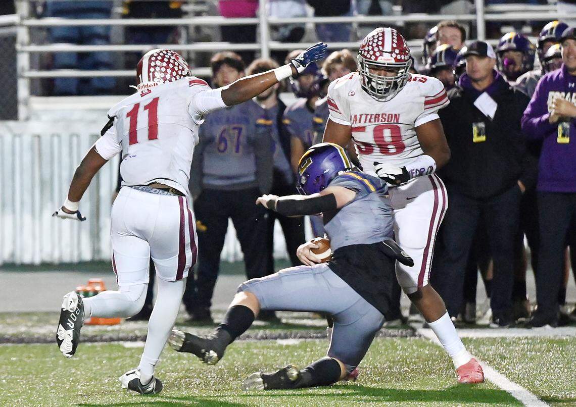 Patterson’s Quincy Simien (58) sacks Escalon quarterback Donovan Rozevink during the Sac-Joaquin Section Division IV championship game at St. Mary’s High School in Stockton, Calif., Friday, Nov. 24, 2023.