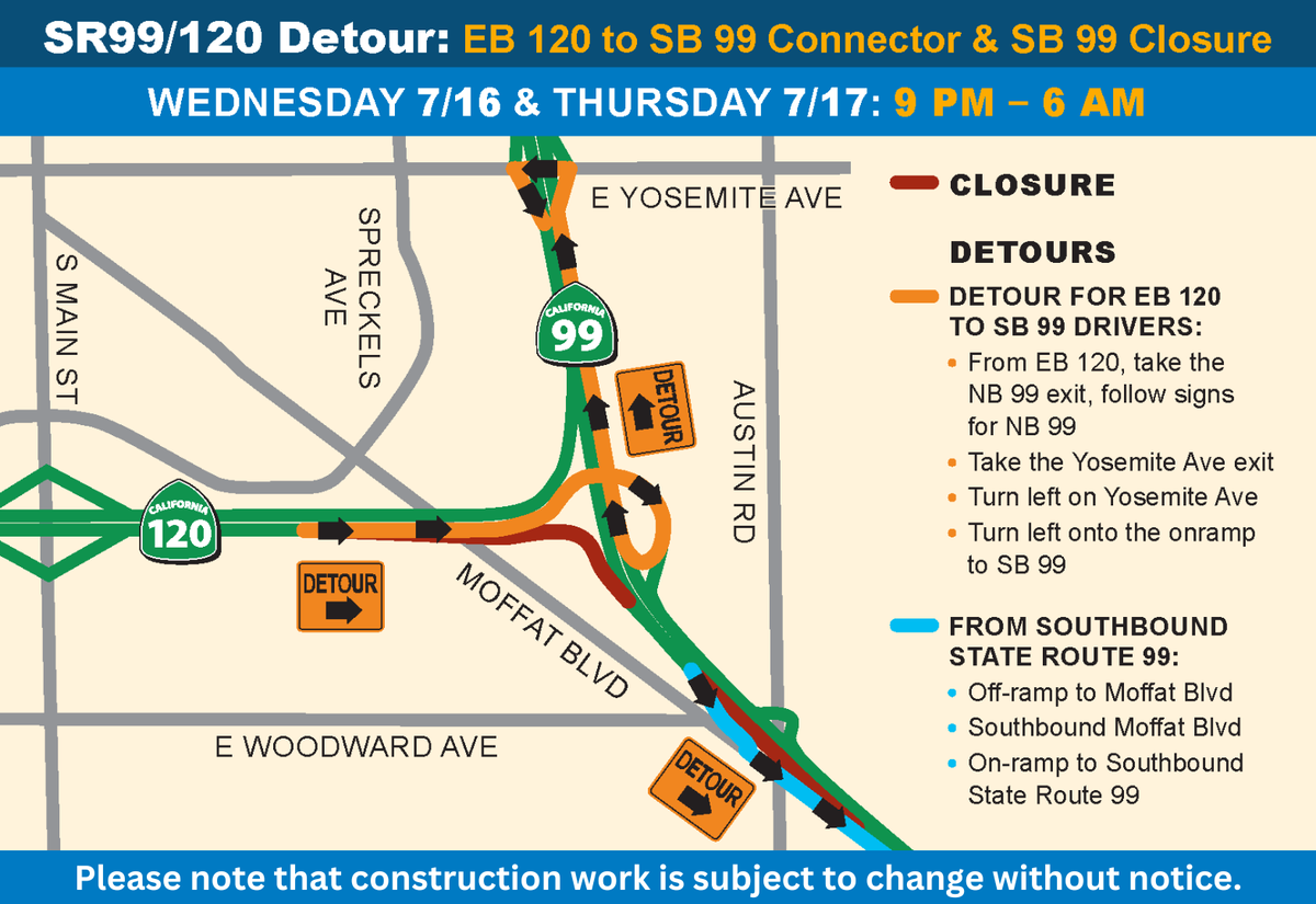 Night-time closures on July 16 and 17, 2025, will aid in upgrades to the Highway 99/120 junction in Manteca, Calif.