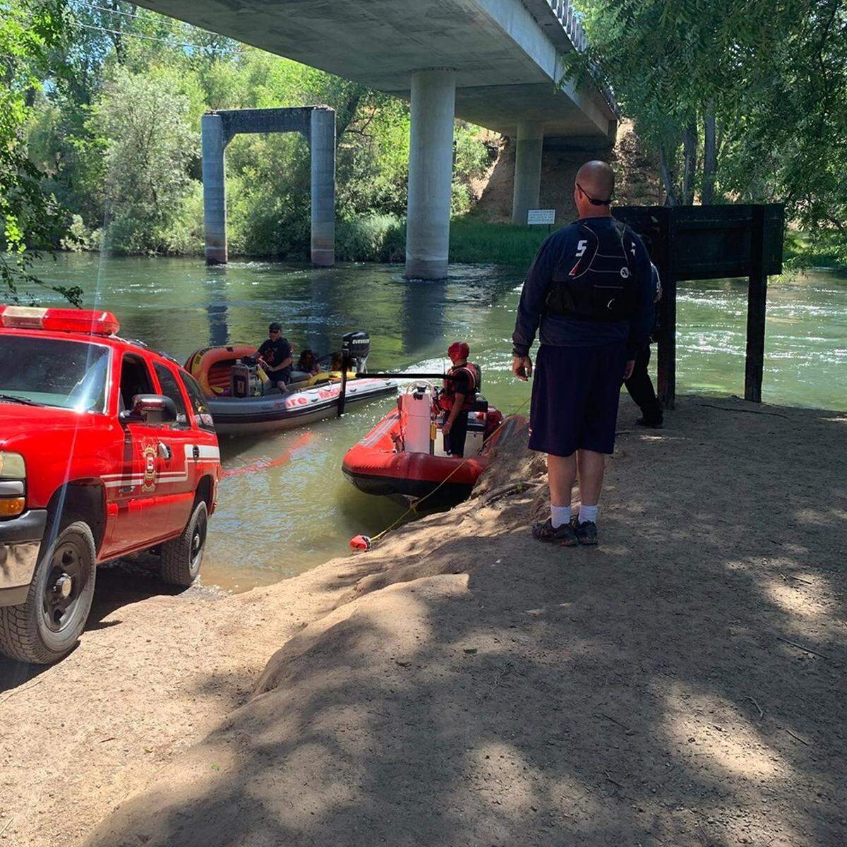 Firefighters rescued two kayakers and three rafters who became stranded Monday afternoon July 22, 2019, in the Stanislaus River near Knights Ferry, California.