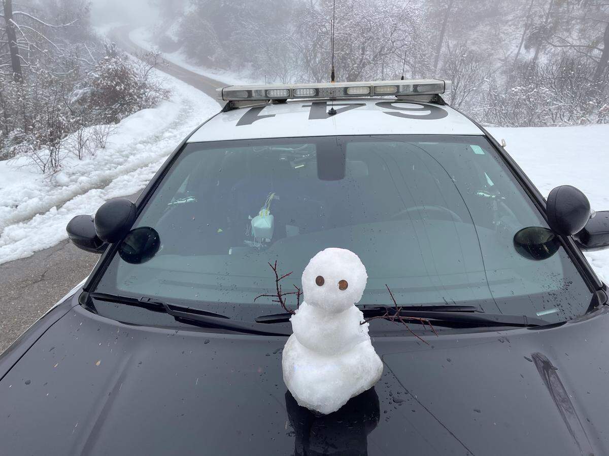 There’s snow in Del Puerto Canyon on Stanislaus County’s West Side, but don’t think of going to play in it, the CHP advises. Conditions are dangerous, with rock slides and low-hanging wires.