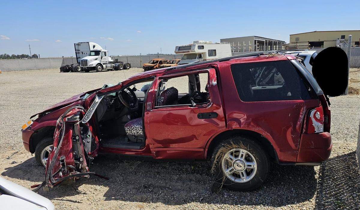A 2004 Ford SUV involved in a fatal crash on Interstate 5 near Newman on April 25 is shown after the collision. Emilio Quiroga, 30, of Van Nuys, died in the crash and his sister suffered major injuries, according to authorities.