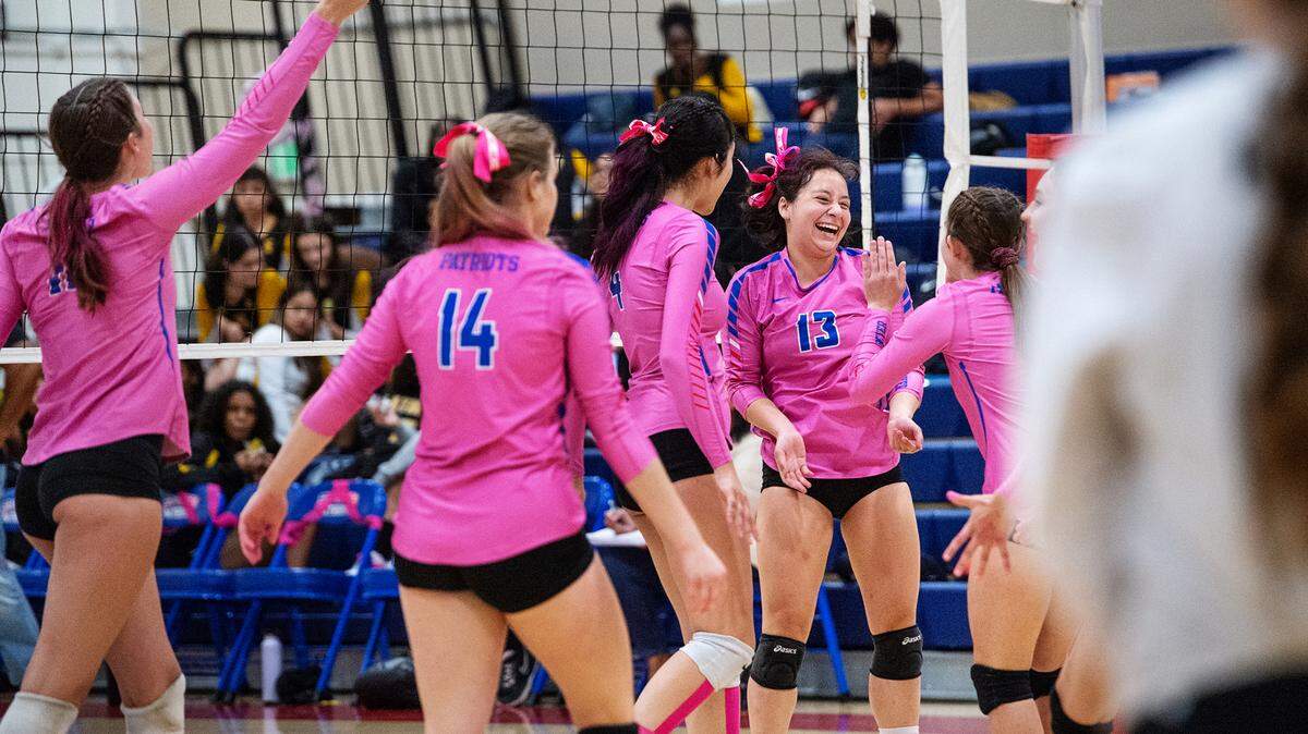 Beyer players celebrate a point during the Western Athletic Conference match with Lathrop at Beyer High School in Modesto, Calif., Tuesday, Oct. 4, 2022. Beyer won 3-0.
