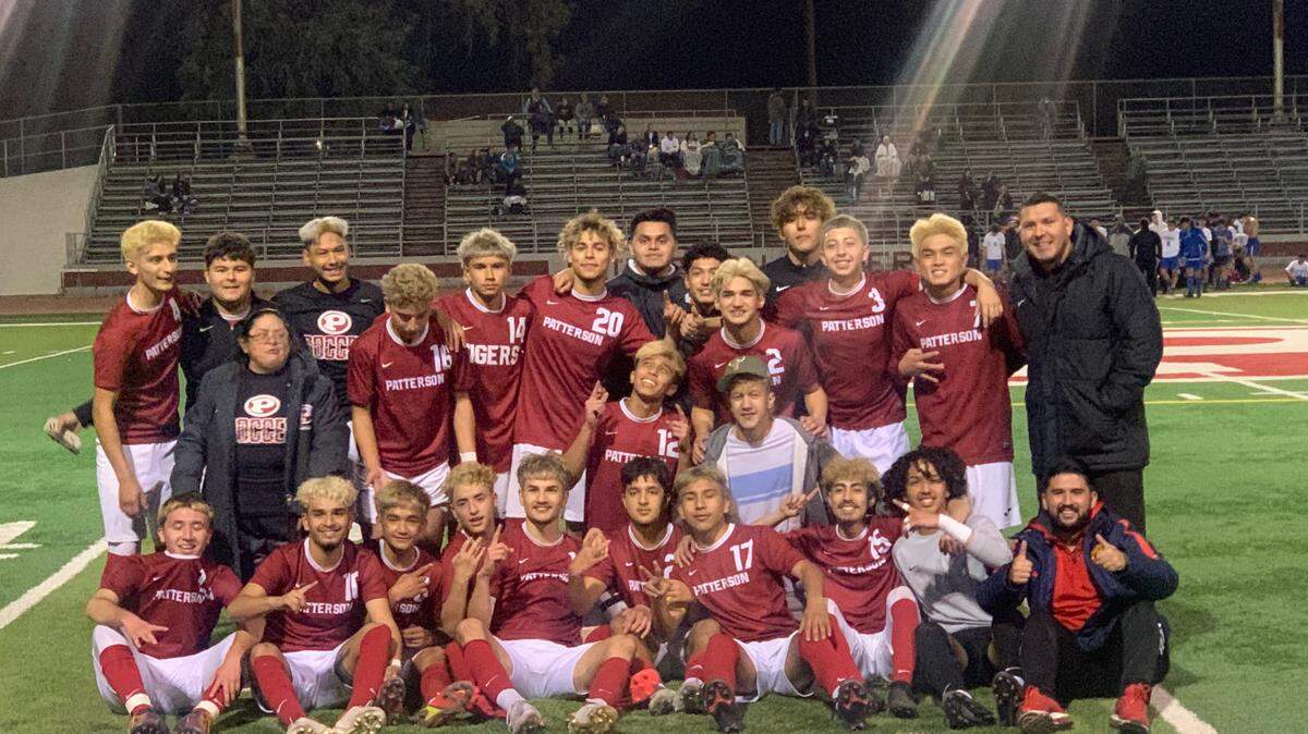 The Patterson High boys’ soccer team poses for a picture after beating Sierra 6-3 on Thursday, Feb. 17 to advance to the Sac-Joaquin Section Division III Championship.