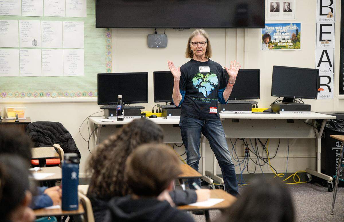 Julie TenBrink speaks to students during the Day of Respect at Modesto High School in Modesto Wednesday, March, 5, 2025.