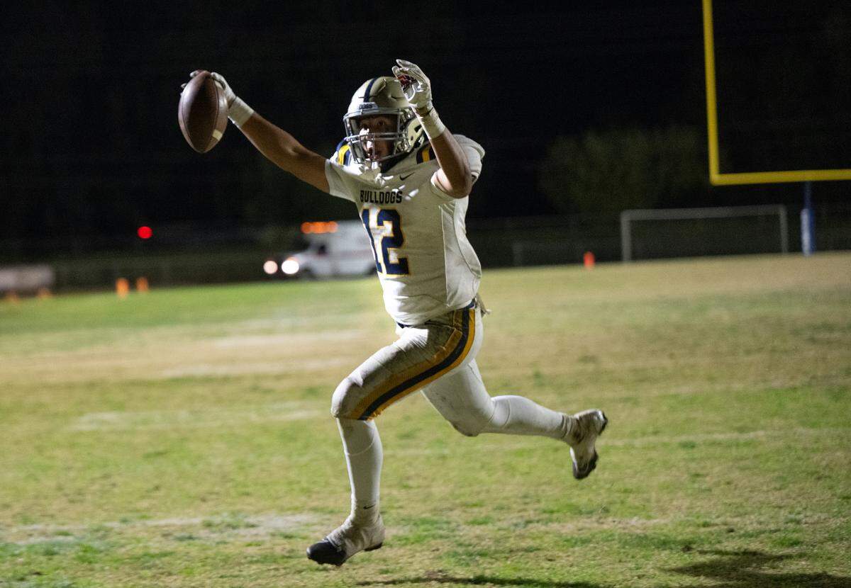 Turlock’s Alex Ventura makes a catch on a two-point conversion to win the Sac-Joaquin Section Division I playoff game 43-42 over Central Catholic at Central Catholic High School in Modesto, Friday, Nov. 15, 2024.