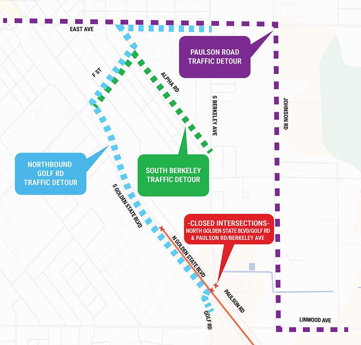 Detours will run until Oct. 10, 2025, at Golden State Boulevard's intersections with Berkeley Avenue and Golf Road in Turlock, Calif.