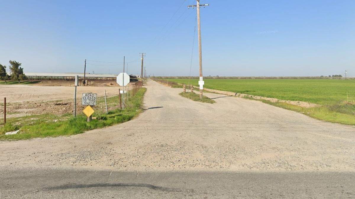 This Google Maps image shows the private dirt access road a motorist drove onto after going through a stop sign on West Monte Vista Avenue late Saturday, Sept. 3, 2022. He hit the utility pole, and was ejected from his vehicle, which then ran over him.