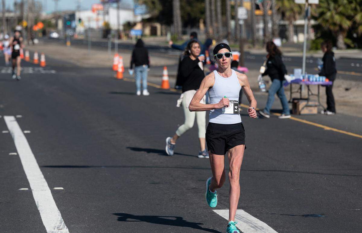 Angie Banks of Morgan Hill won the women’s marathon with a time of 2:58:18. In the Modesto Marathon in Modesto, Calif., Sunday, March 26, 2023.