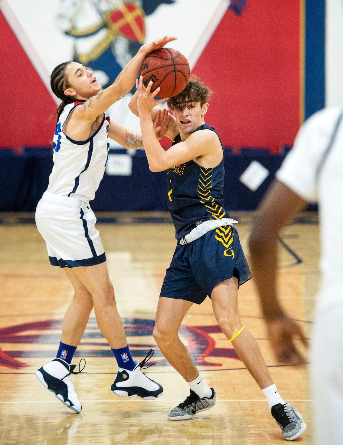 Beyer’s Gio Primofiore pressures Gregori’s Donovan Langarica, right, during the Holiday Hoop Classic at Modesto Christian High School in Salida, Calif., on Tuesday, Dec. 28, 2021.