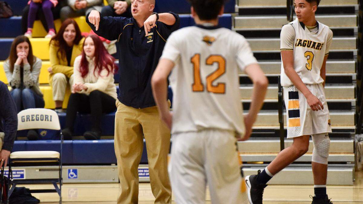 Gregori coach Ryan Green directs his players during the Central California Athletic League game with Turlock at Gregori High School in Salida, Calif., Tuesday, Feb. 5, 2019.