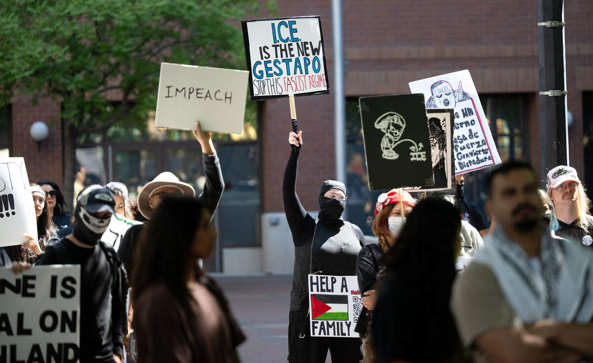 Protesters gathered at 10th Street Place to oppose Trump Administration policies in Modesto, Saturday, June 14, 2025. The rally was organized by the Central Valley Black Indigenous People of Color Coalition.