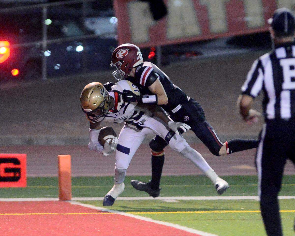 Central Catholic running back Joey Alcutt (12) scores a touchdown during a game between Central Catholic High School and Patterson High School at Patterson High School in Patterson California on September 9, 2024. Central Catholic won the game 25-14
