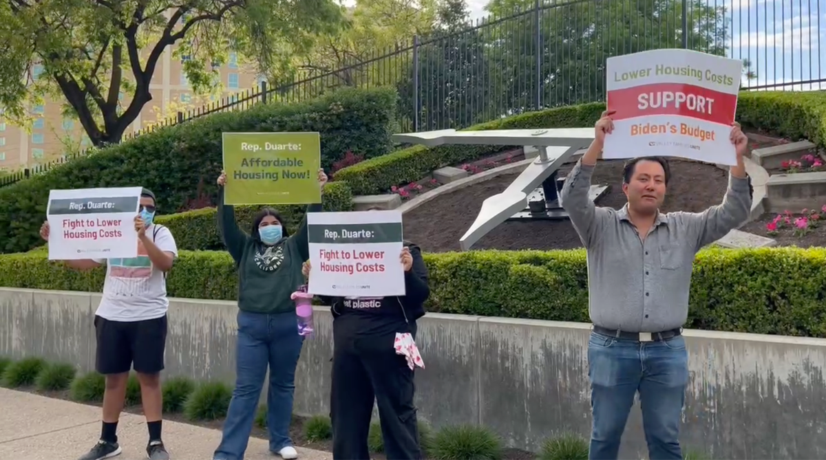 Rally goers chanting for Rep. John Duarte to support the administration’s budget on Apr. 25, 2024.