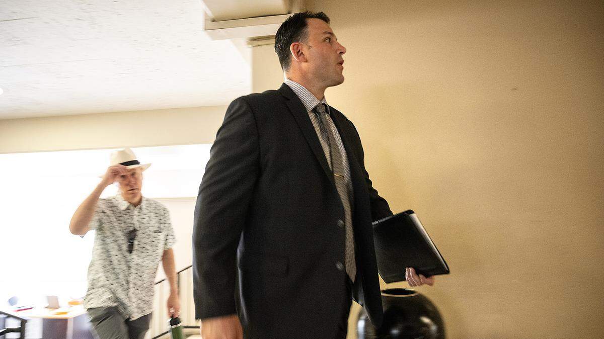 Former Modesto police officer Joseph Lamantia makes his way to a courtroom at the Stanislaus County courthouse in Modesto, Calif., Friday, July 21, 2023. Judge Carrie Stephens cleared Lamantia in the fatal shooting of Trevor Seever.