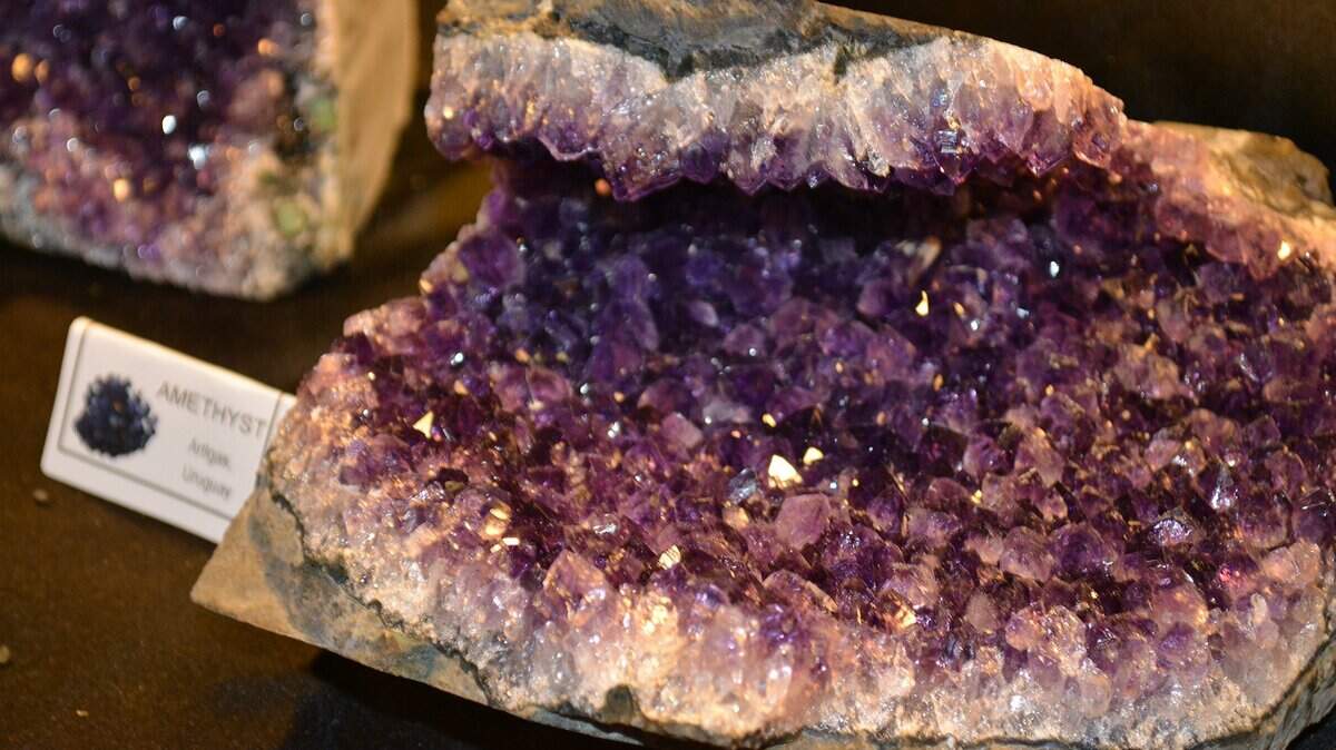 Amethysts from Uruguay on display at the 2014 Mother Lode Mineral Society show at the Stanislaus County Fairground.