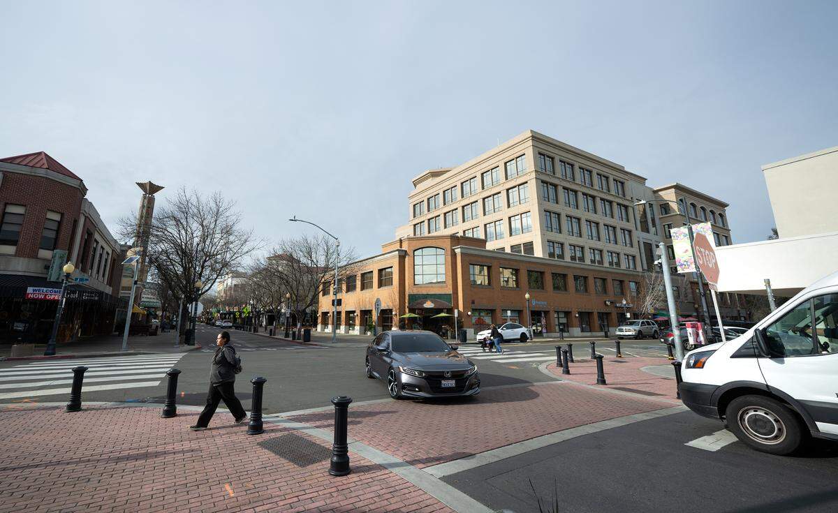 10th and J streets in Modesto, Calif., Tuesday, March 5, 2024. Modesto may spend $251,000 on lighting to make 10th and J streets brighter, safer and to increase the number of people downtown.