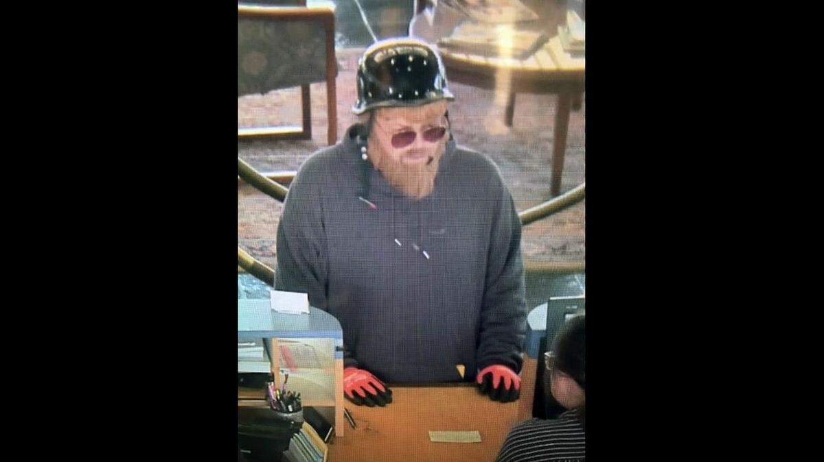 A bank robbery suspect is pictured at the Bank of Stockton in Manteca, Calif. on Monday September 16, 2019.