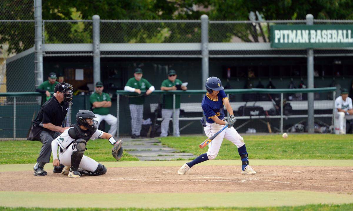 Gregori’s Dominic Joseph puts a ball in play during a CCAL matchup with Pitman at Pitman High School in Turlock, Calif. on Wednesday, April 24, 2024.