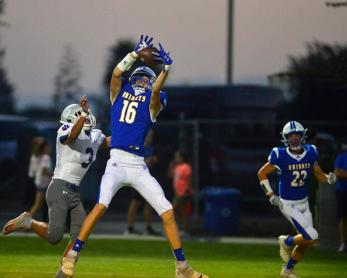 RC receiver Jace Beidleman catches a touchdown during a game between Ripon Christian and Denair at Ripon Christian High School in Ripon California on September 16, 2022.