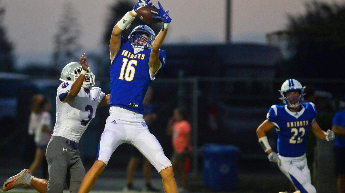 RC receiver Jace Beidleman catches a touchdown during a game between Ripon Christian and Denair at Ripon Christian High School in Ripon California on September 16, 2022.