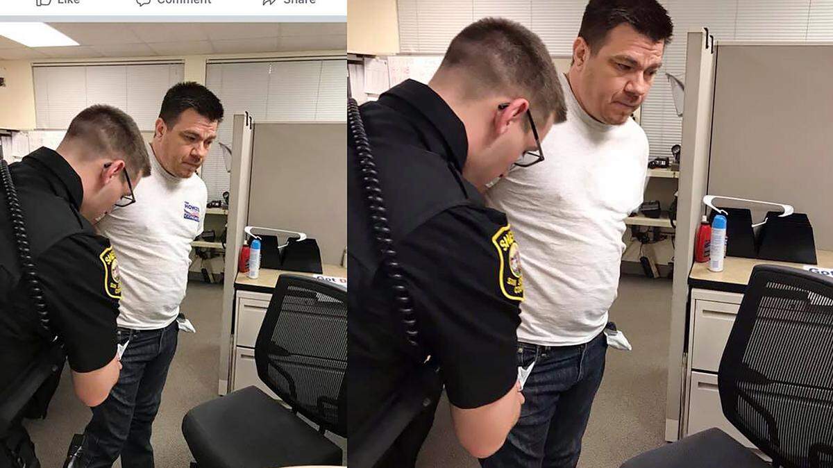 Lathrop Police Services removed a Howze For Congress logo from a suspect’s t-shirt after complaints from the candidate’s campaign. David Alanis was arrested in a sweep in April of this year after Lathrop detectives posed as decoys and informed individuals that they were under the age of 14. The suspect pictured, arranged to meet the decoy minor for a sexual act, police said.