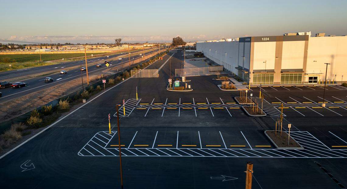 The warehouse at Kiernan Avenue and Tully Road in Modesto on Wednesday, March 4, 2026. A spokesperson for Amazon said the facility will be a same-day fulfillment center. 