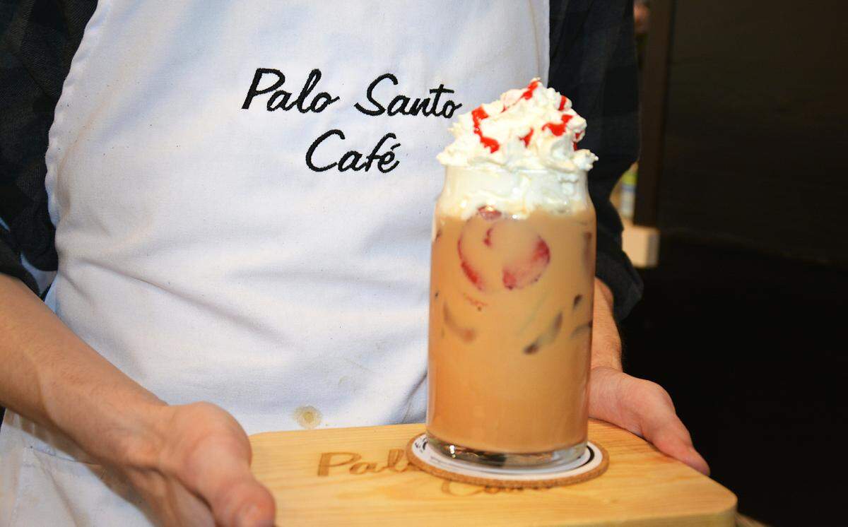 Specialty coffee drinks being served at Palo Santo Cafe in Riverbank, Calif. Feb. 23, 2021.
