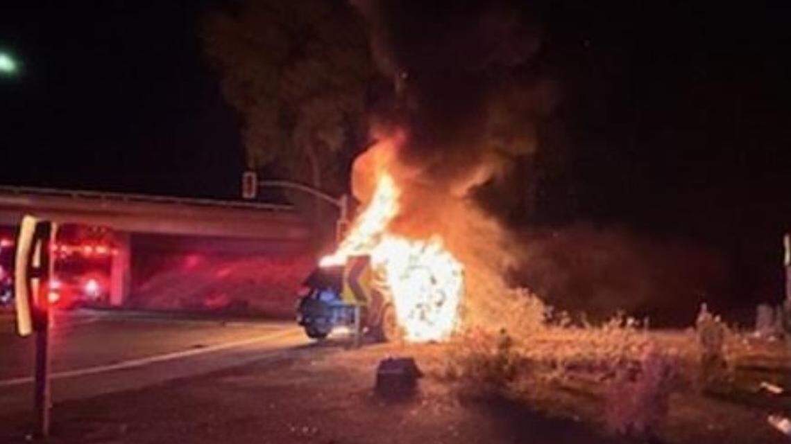 Firefighters pulled three occupants from this crashed Jeep SUV early Tuesday, July 23, 2024, before it was engulfed by fire. The crash followed a California Highway Patrol pursuit that began in Ceres.