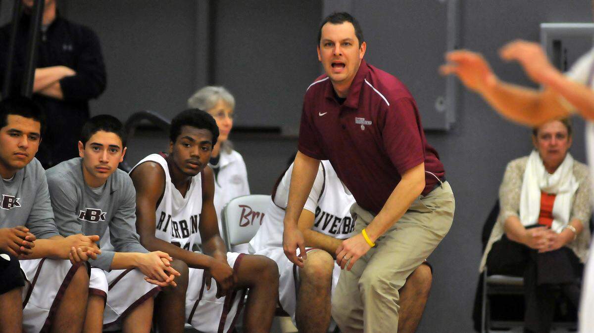 TRACY BARBUTES / tbarbutes@modbee.com Riverbank Bruins High School varsity basketball coach, Jeff Jennings, focused on his team in the game played on home on January 31, 2012. The Riverbank Bruins hosted the Escalon Cougars in Riverbank, CA.