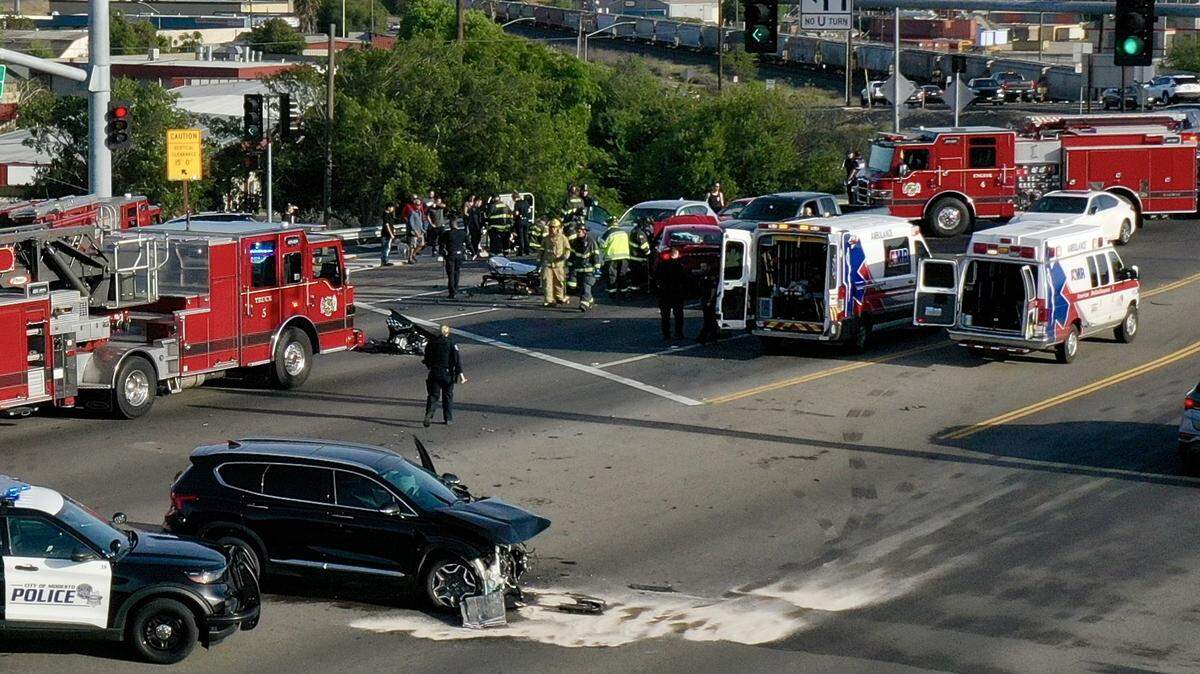 A crash on the Briggsmore Avenue overpass at Highway 99 on Saturday evening, April 2, 2022, resulted in seven patients receiving medical care, according to the Modesto Fire Department.