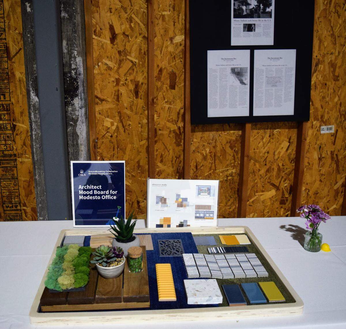 An architectural mood board model of California Rural Legal Assistance’s new Modesto headquarters on display during the groundbreaking ceremony held June 6, 2025.