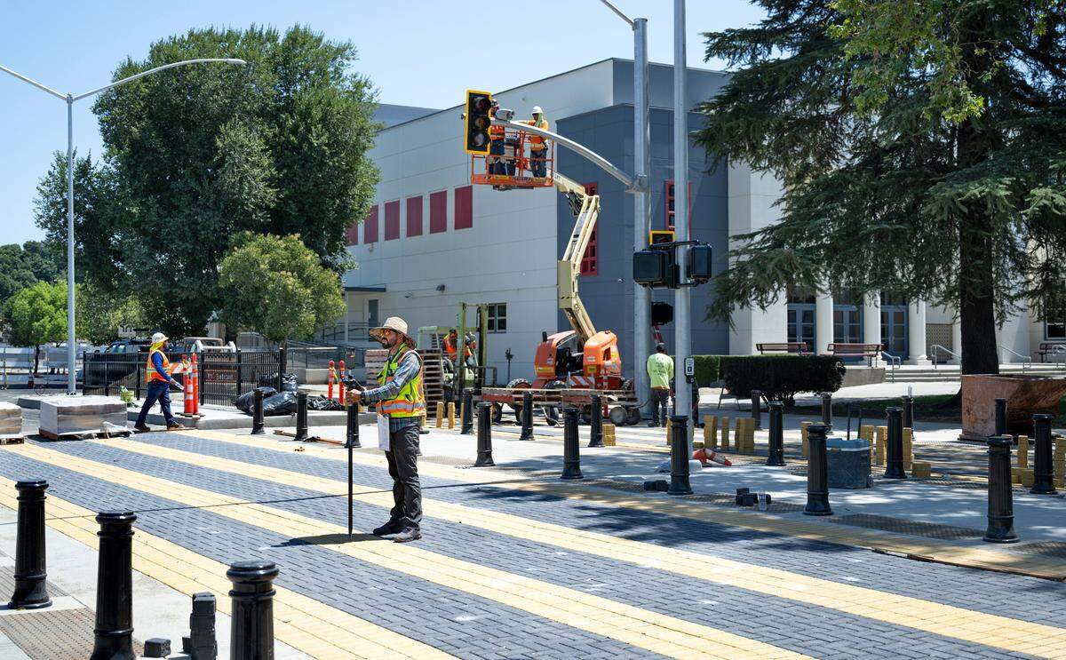 Traffic calming and other road improvements are under construction on Paradise Road outside Modesto High School in Modesto, Calif., Tuesday, July 23, 2024.