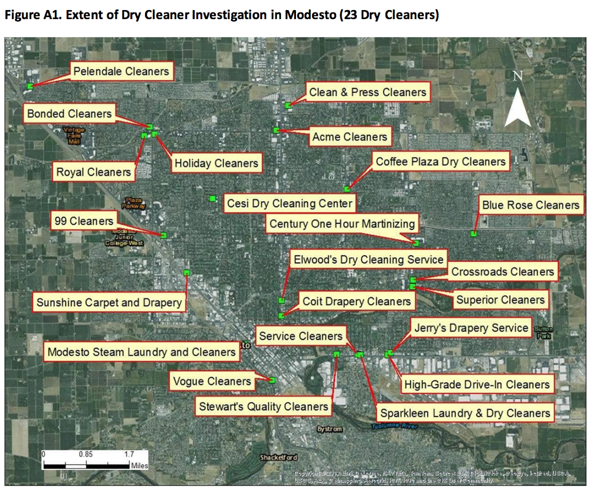 A map from the California Department of Public Health shows 23 locations across Modesto where a harmful chemical, PCE, is in the soil. It may be in the air, too.