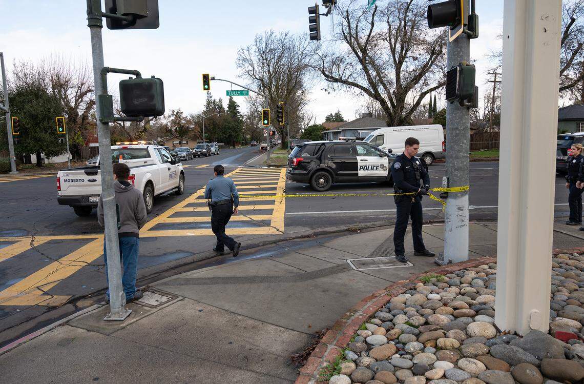Modesto Police investigate a traffic collision that involved a pedestrian on Tully Road and Bowen Avenue in Modesto, Calif., Wednesday, Jan. 3, 2024.