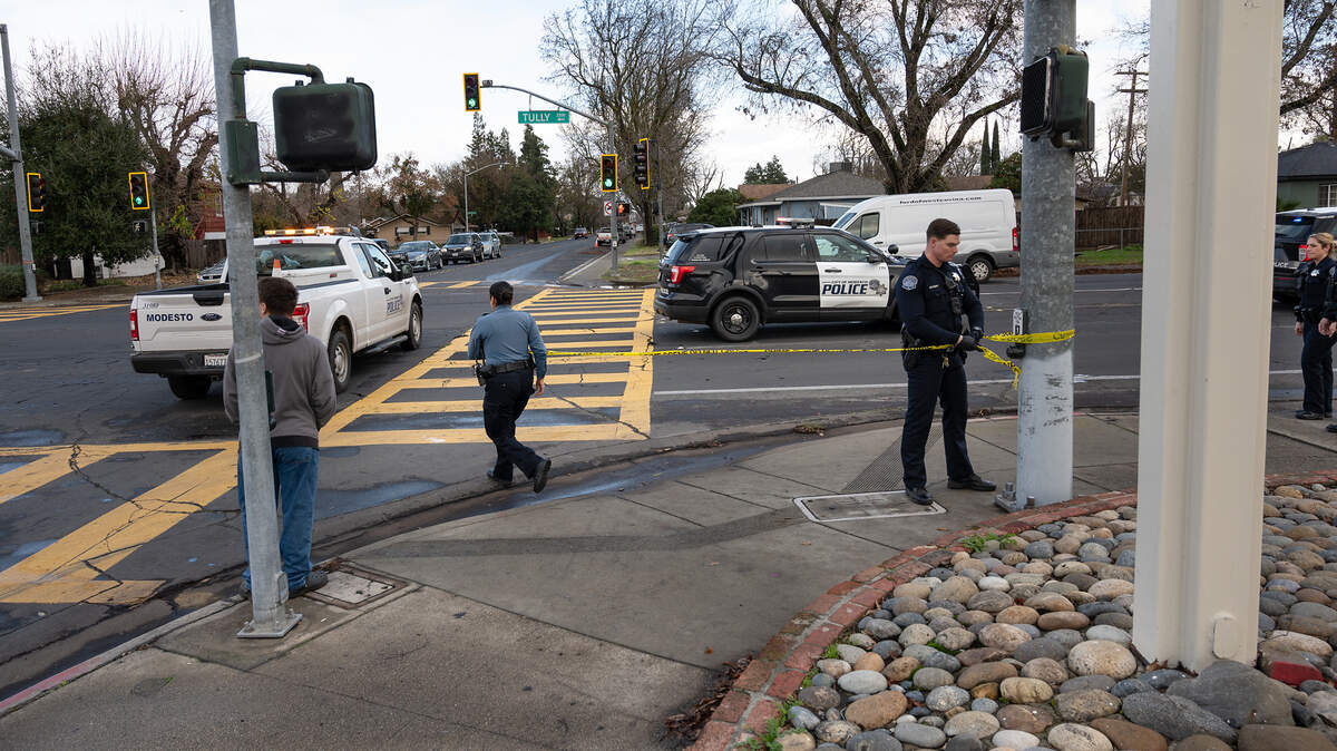 Modesto Police investigate a traffic collision that involved a pedestrian on Tully Road and Bowen Avenue in Modesto, Calif., Wednesday, Jan. 3, 2024. 
