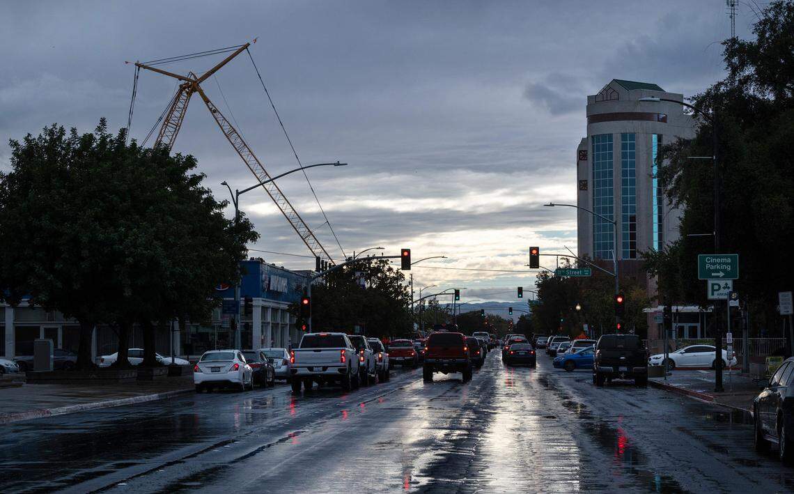 Clouds begin to clear after a short rain storm in Modesto, Calif., Tuesday, Nov. 1, 2022.