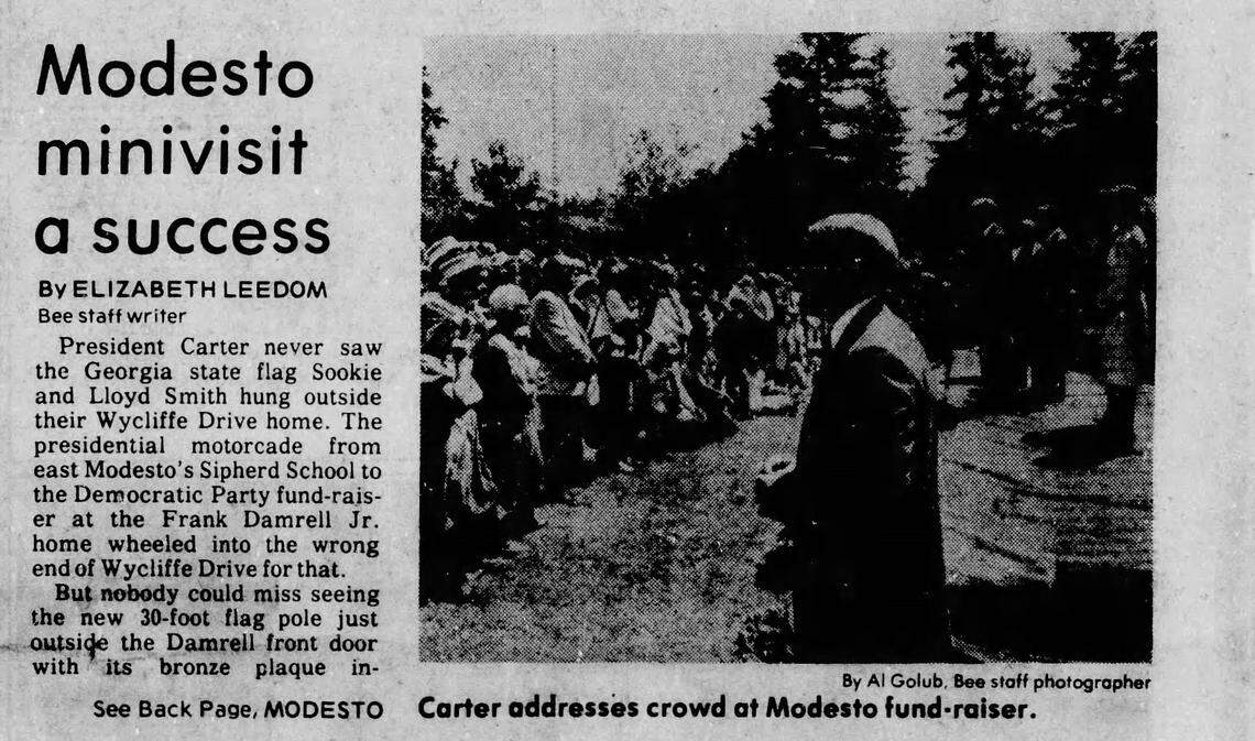 A portion of the front page of The Modesto Bee from July 5, 1980, the day after President Carter visited.