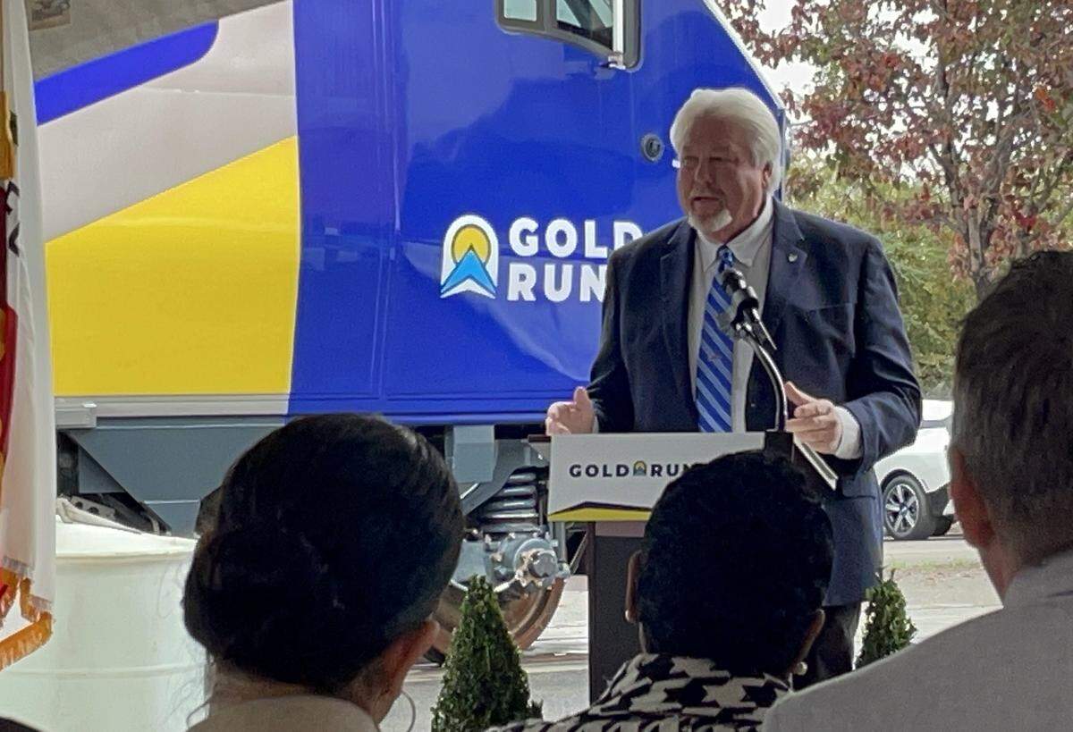 Kings County Supervisor Doug Verboon speaks about the rebranding of the Amtrak San Joaquins to Gold Runner in Stockton on Nov. 14, 2025. He chairs the San Joaquin Joint Powers Authority, which oversees the service.