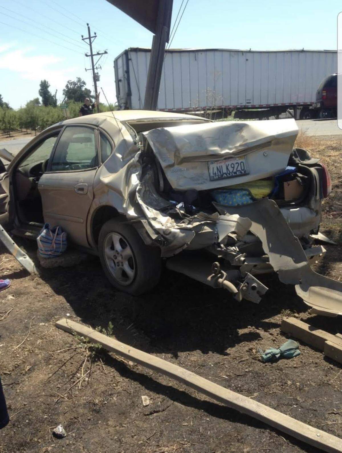 Helena Melo-Flower’s car was totaled after a big rig hit her from behind at the intersection of West Grayson Road and Laird Street.