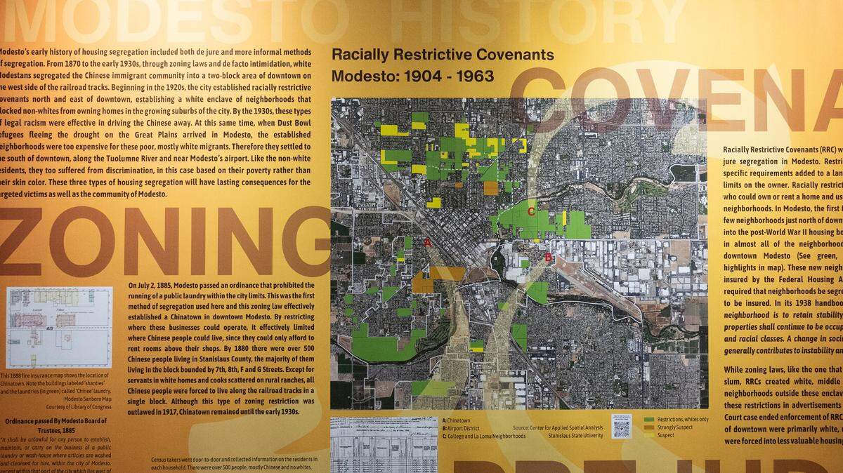 An exhibit in Founders’ Hall at Modesto Junior College displays research conducted by students show Modesto’s history of segregation, the lost Chinatown and Dust Bowl refugees in the Airport District.