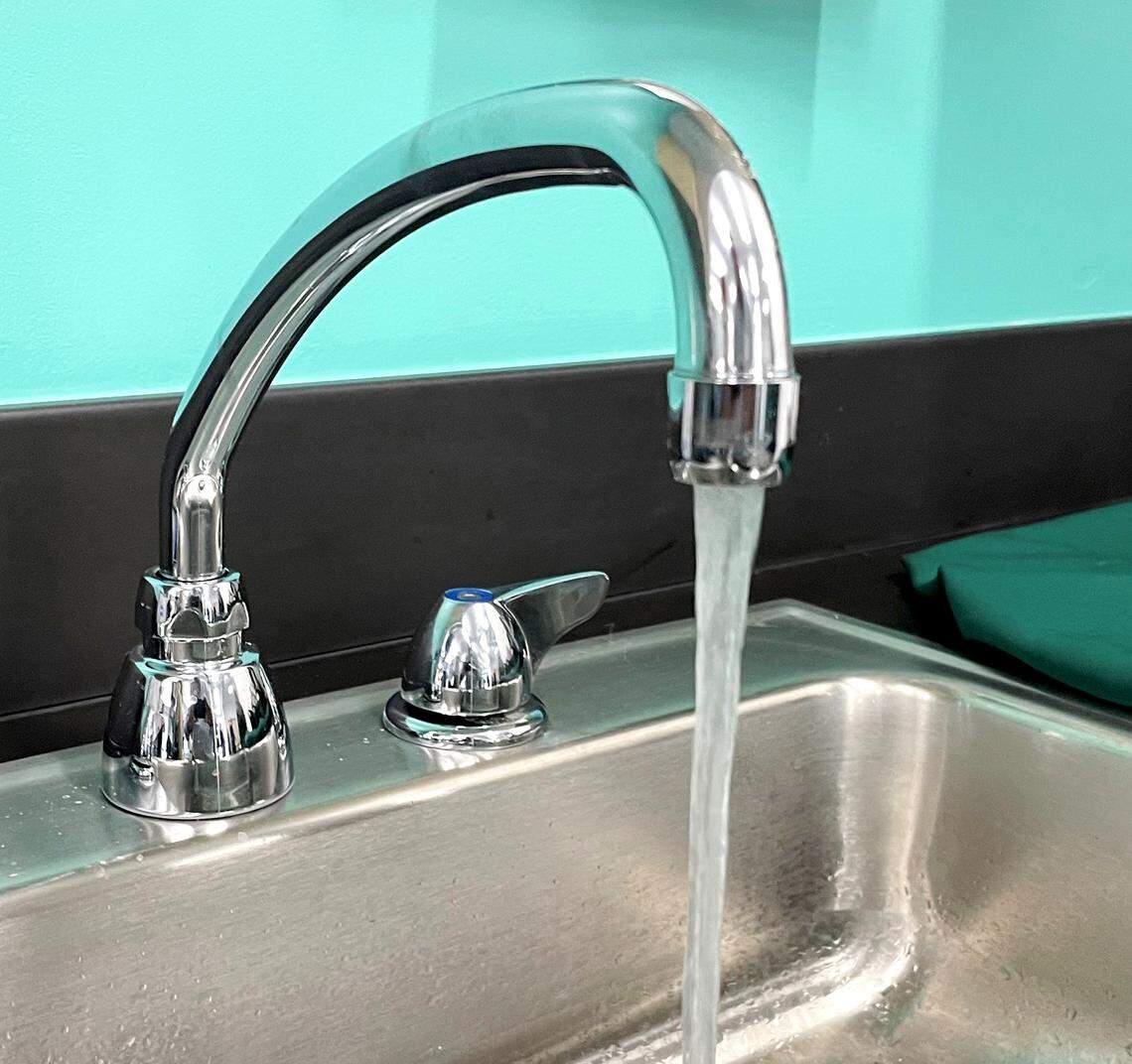 Treated water flows at the office of the new Tuolumne River treatment plant for Turlock and Ceres Calif., dedicated on Nov. 14. 2023.