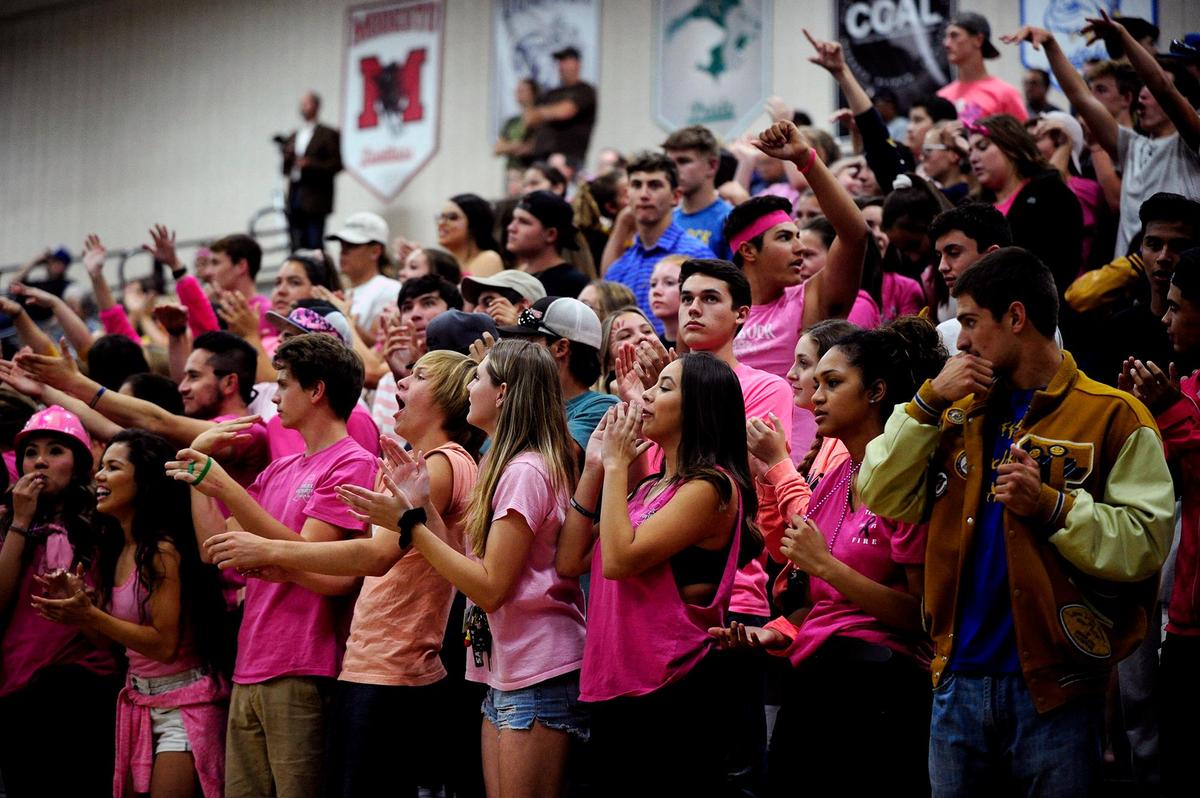 The Turlock spirit section didn’t let up, during the senior night, crosstown volleyball matchup of Turlock High at Pitman High, on Monday, Oct., 15 in Turlock, California.