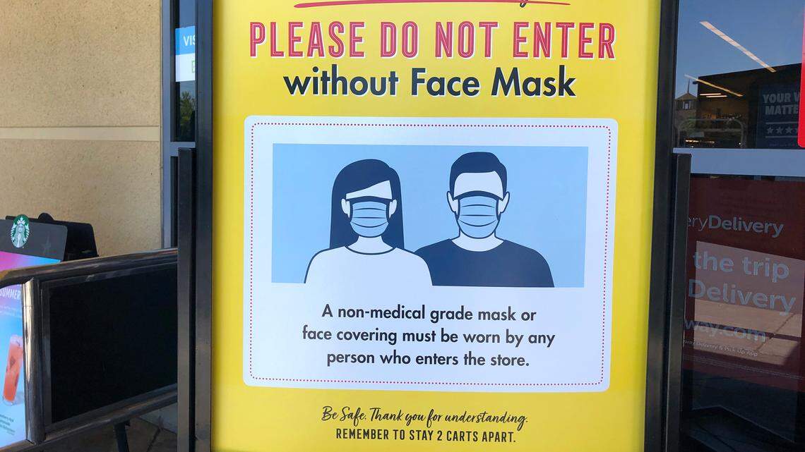 Sign requires a face covering to enter the Safeway in Modesto on June 23, 2020.