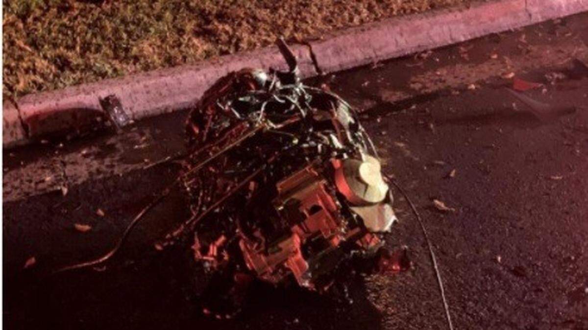 A portion of a motorcycle lies in the street after a fatal crash early Saturday, Nov. 21, 2020, on El Vecino Avenue in Modesto.