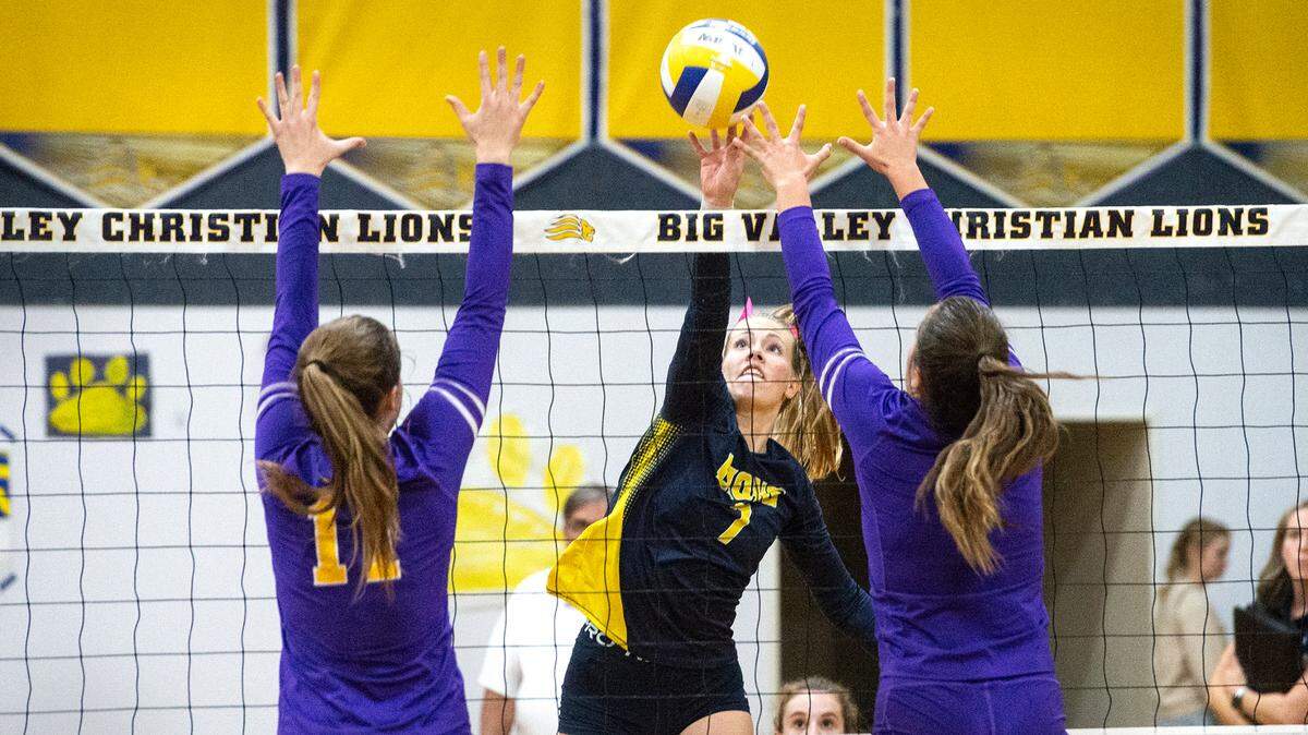 Big Valley Christian’s Trinity Beers floats the ball over Minarets players during the division 5 CIF Northern California Regional volleyball playoff match with Minarets High School at Big Valley Christian High School in Modesto, Calif., Tuesday, Nov. 8, 2022. Big Valley Christian won the match 3-1.